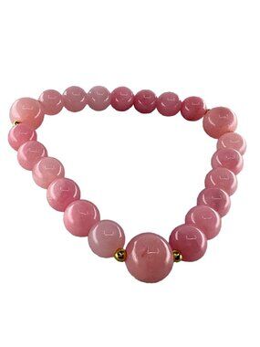 Pink Persian Jade Chalcedony Beaded Stretch Bracelet 18K Gold Filled 6.75"